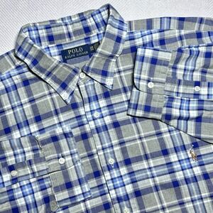 Polo Ralph Lauren Button Down Shirt Mens 2XB Blue Gray Plaid Flesh Pony Cotton